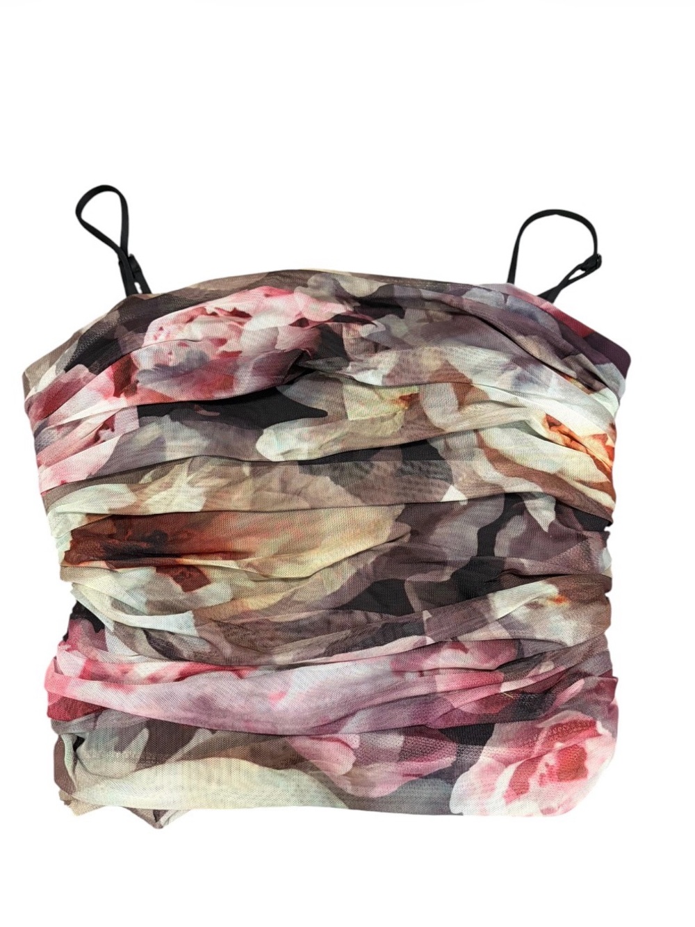 Express Body Contour Floral Mesh Ruched Cami Top L Romantic Y2K Going Out Coquet